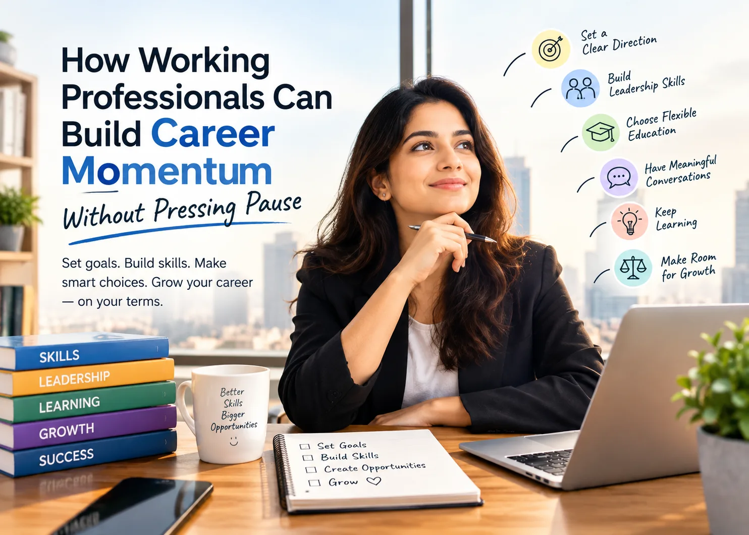 A professional woman plans her career at a desk with a laptop, books, and a checklist, while rising steps illustrate goal setting, leadership skills, flexible education, meaningful conversations, continuous learning, and career growth without leaving her current job.